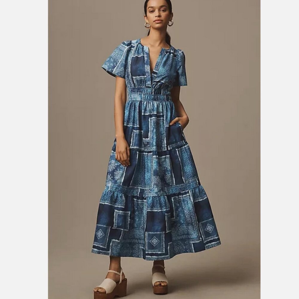 Anthropologie The Somerset Maxi Dress Cotton Bandana Patchwork Blue XL NWT